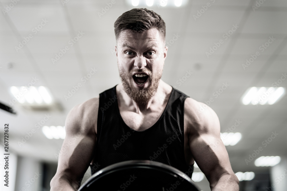 Portrait of handsome muscular powerlifter with weight disk in his hands in the sport gym. Bodybuilde