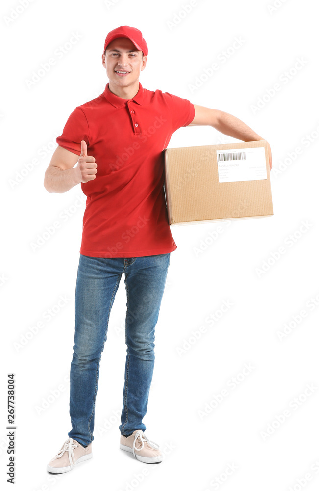 Delivery man with box showing thumb-up on white background