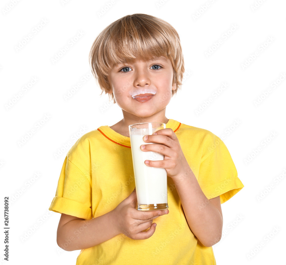 Cute little boy with glass of fresh milk on white background