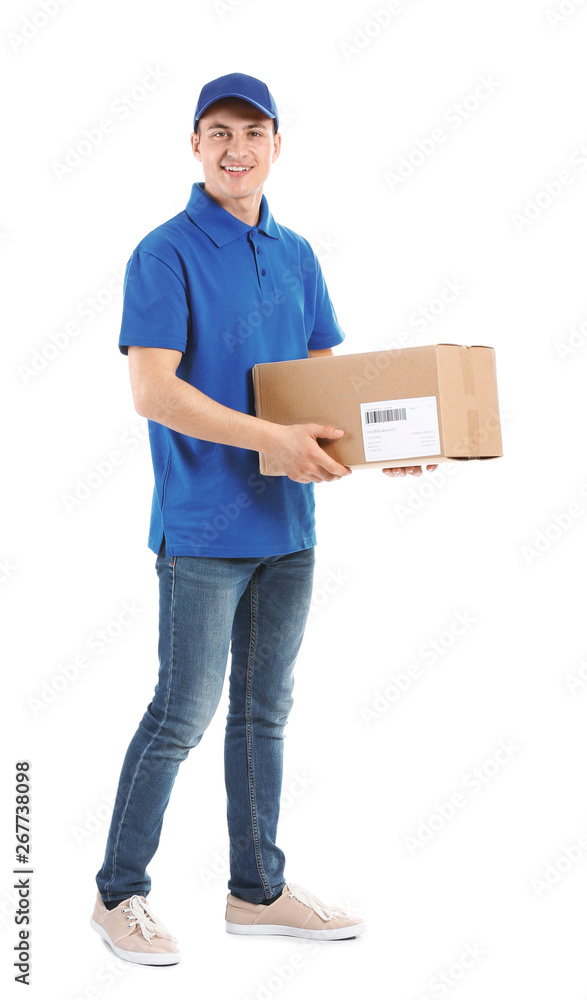 Delivery man with box on white background