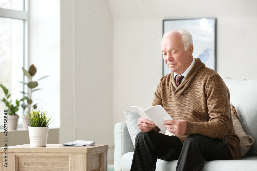 Portrait of elderly man reading book at home