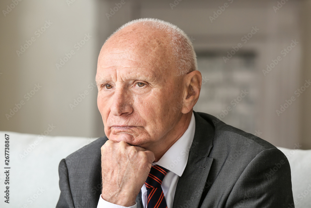 Portrait of thoughtful elderly businessman indoors