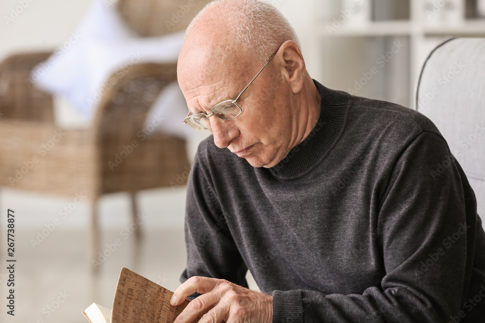 Portrait of elderly man reading book at home