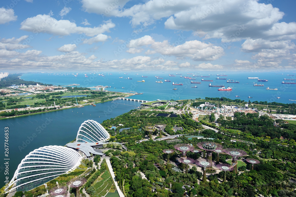 Famous attractions, gardens and harbour in Singapore,  view from skyscraper 