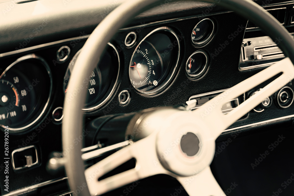 interior of a classic car, old vintage vehicle