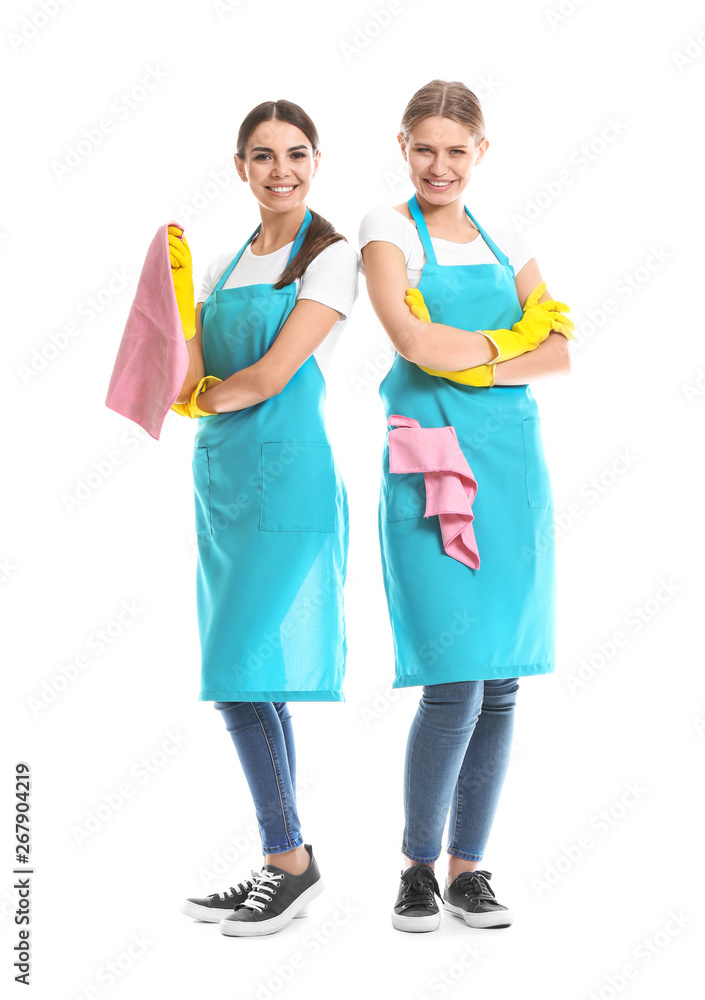 Team of janitors on white background