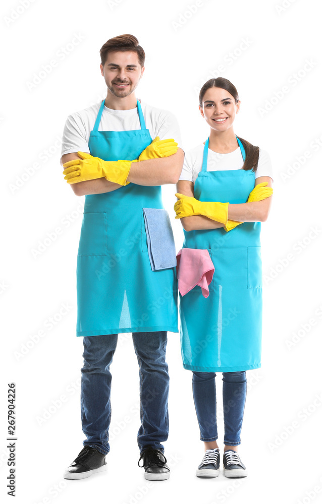 Team of janitors on white background