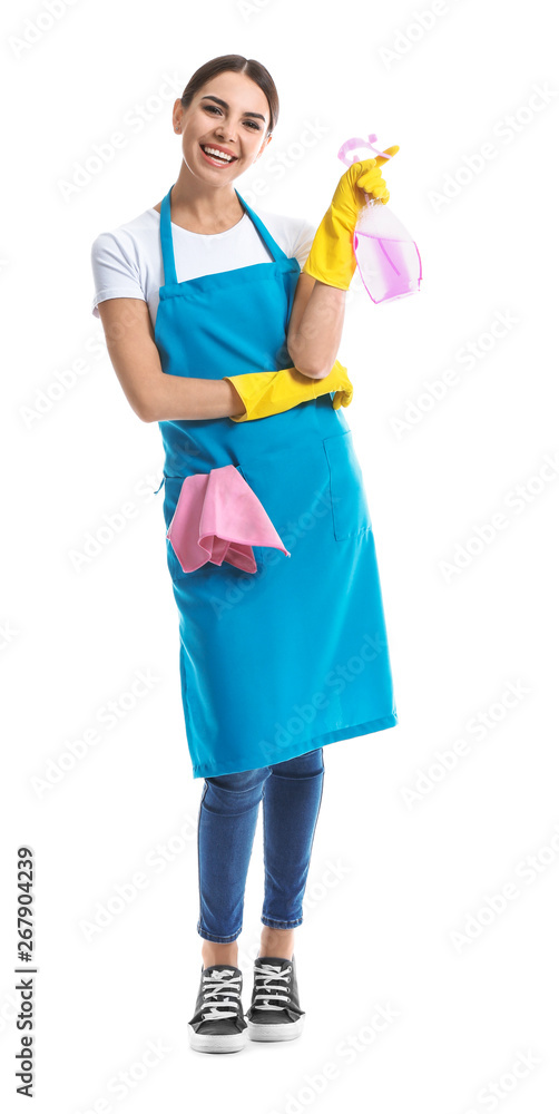 Female janitor on white background