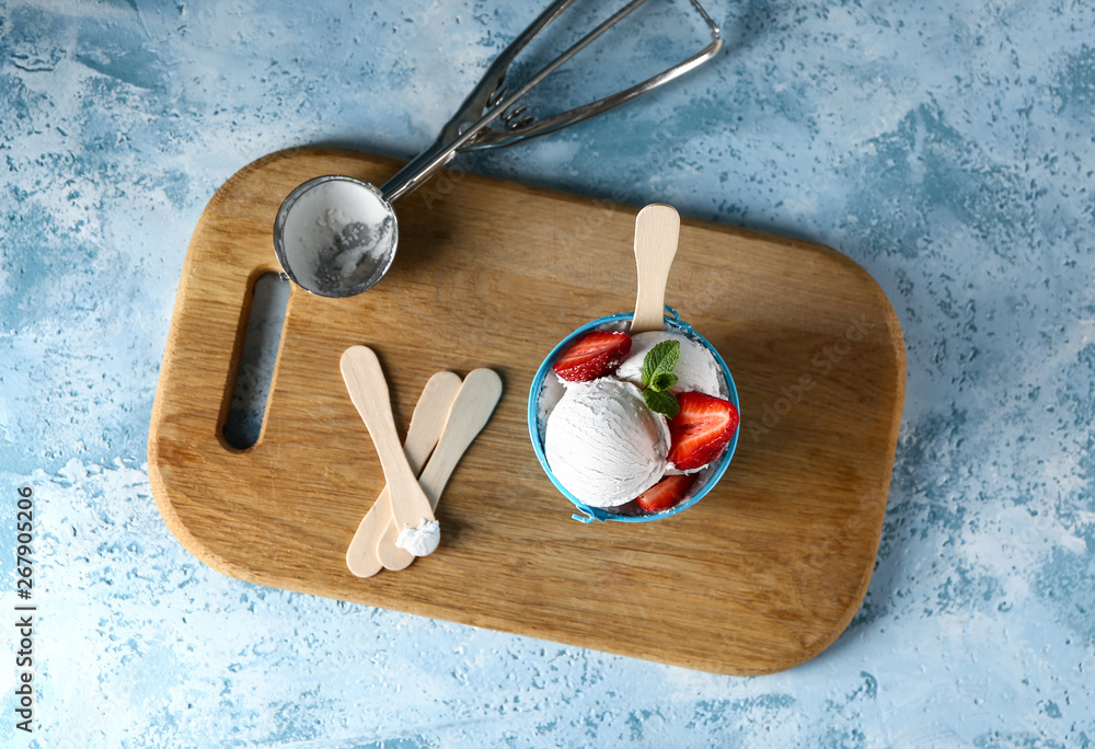 Composition with tasty ice cream on table