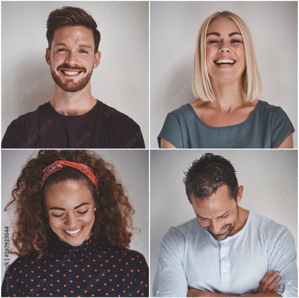 Collage of a laughing group of diverse entrepreneurs