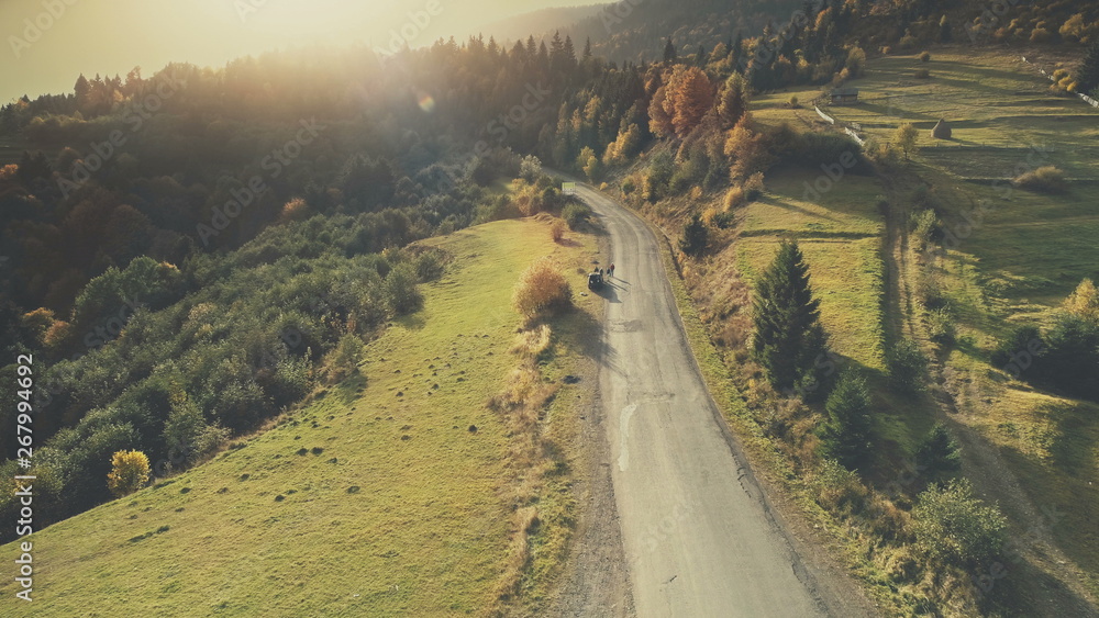 Mountain Hill Country Road Car Drive Aerial View. Roadside Automobile Highland Scenery Landscape Ove