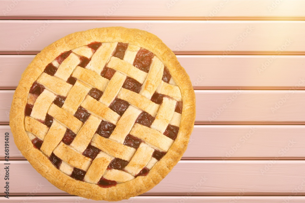 Delicious baked pie, top view on white background