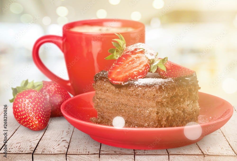 slice of delicious chocolate cake over white (with sample text)