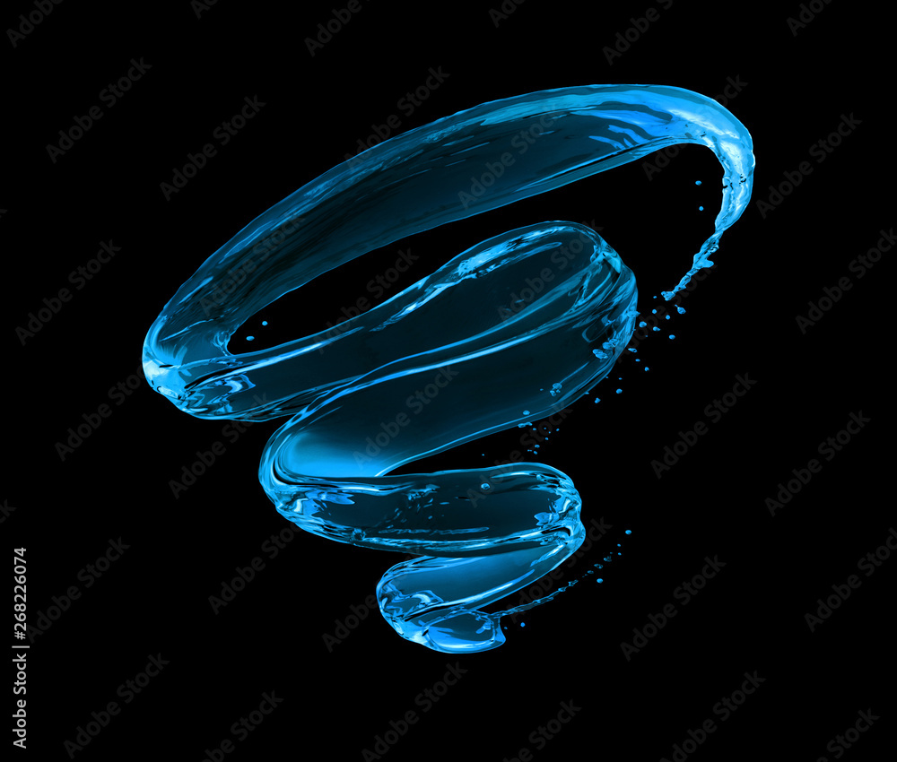 Luminous swirl of water splashes on a black background