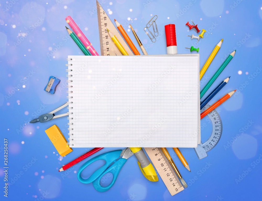 Assortment  of School supplies on  background