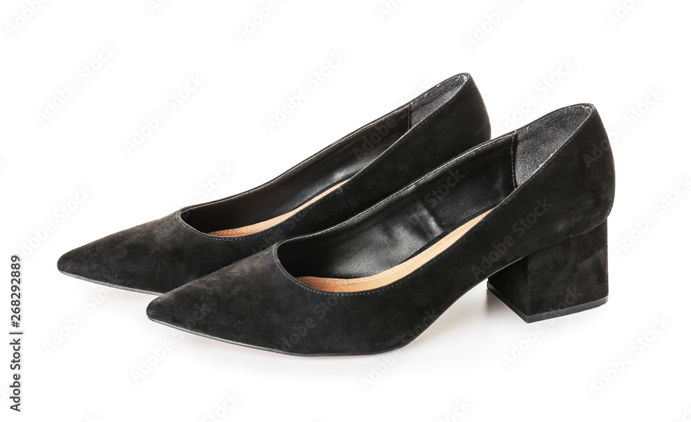 Pair of stylish female shoes on white background