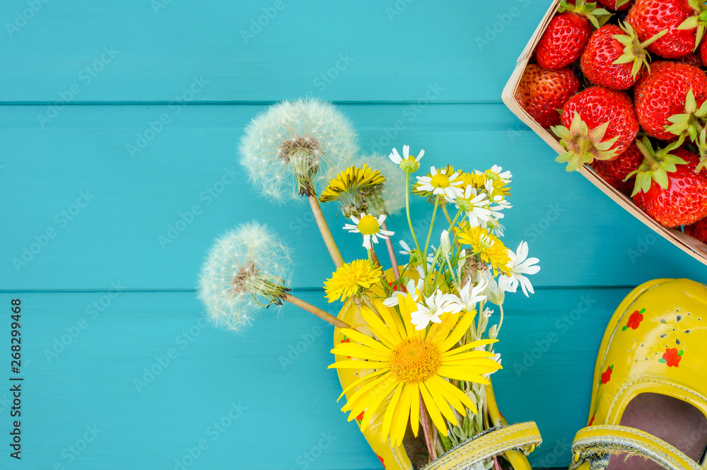 草莓、鲜花和小婴儿鞋的夏日背景