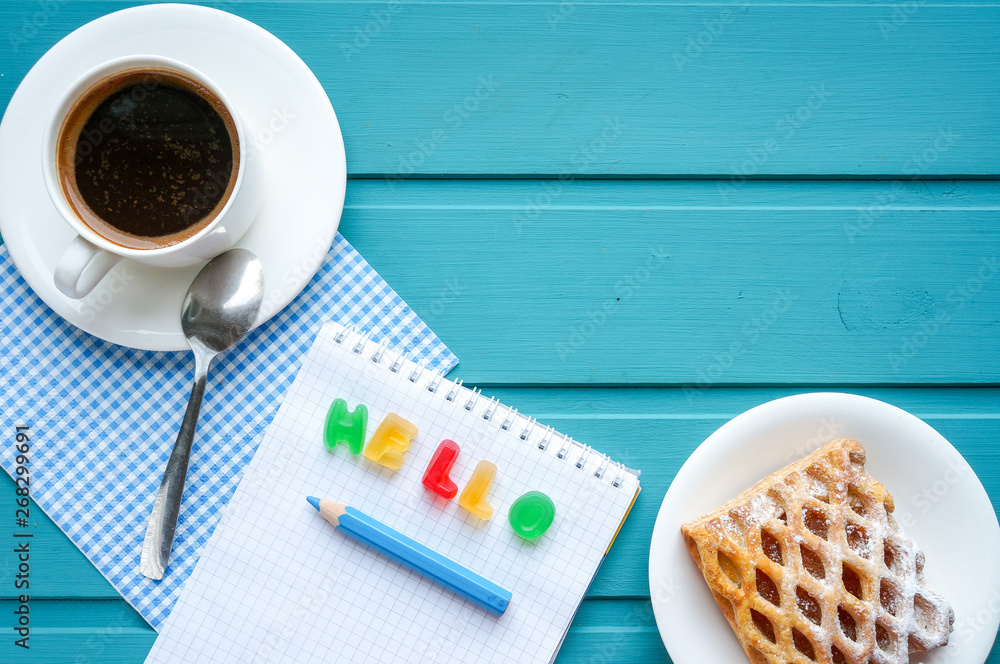 Back to school coffee and note paper background over blue