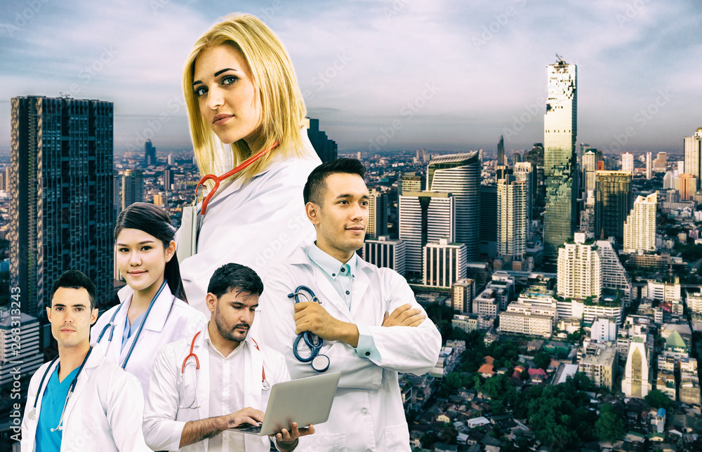 Healthcare people group portrait in creative layout. Professional medical staff, doctors, nurse and 