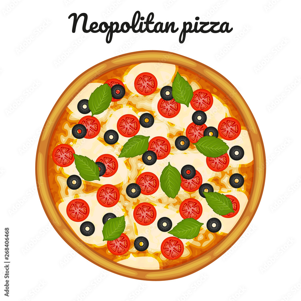 Neopolitan pizza with mozzarella, cherry tomatoes, and basil. Object for packaging, advertisements, 