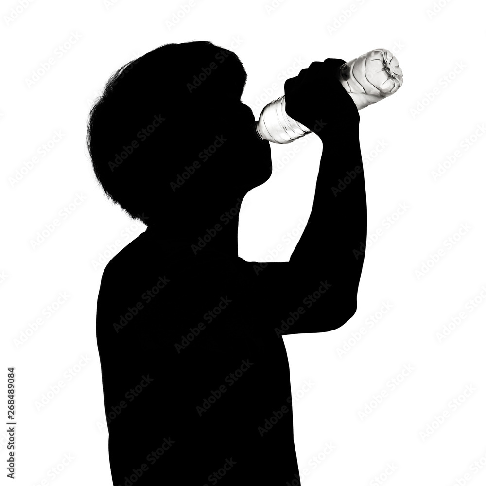 Silhouette of man drinking water isolated on white background.