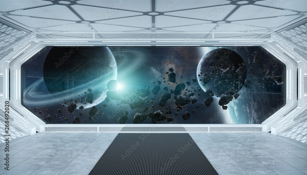 White blue spaceship futuristic interior with window view on space and planets 3d rendering