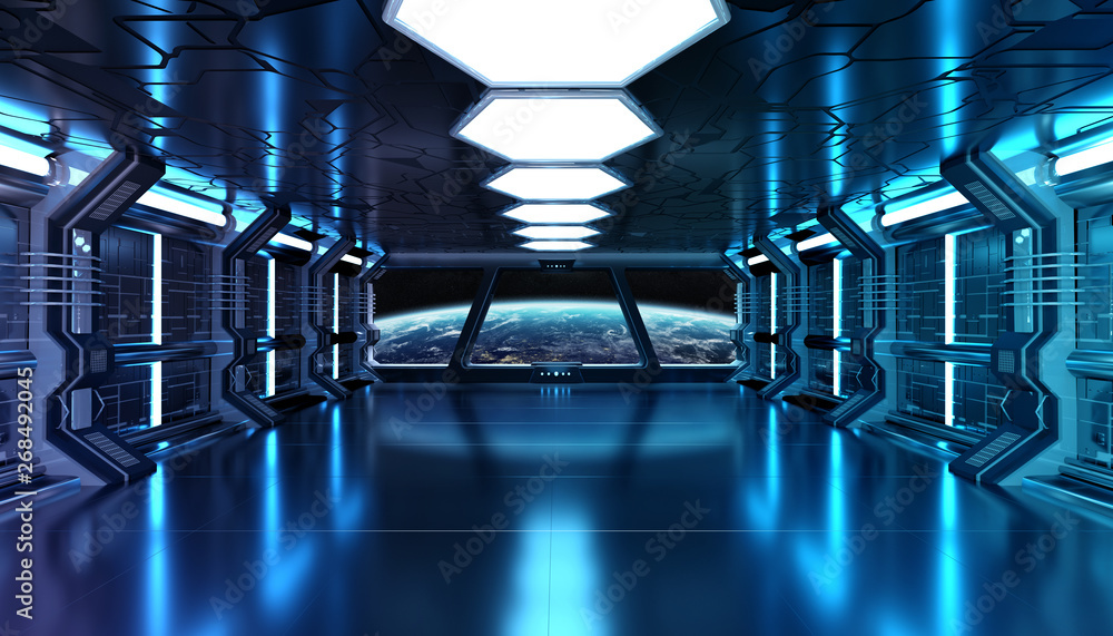 Dark blue spaceship futuristic interior with window view on planet Earth 3d rendering