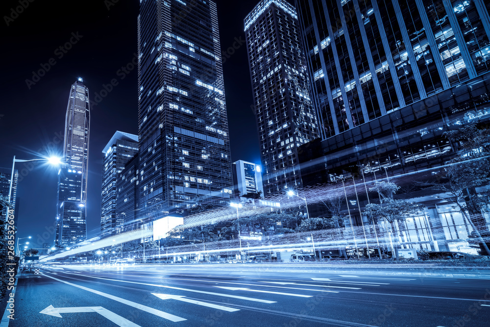 Road City Nightscape Architecture and Fuzzy Car Lights..