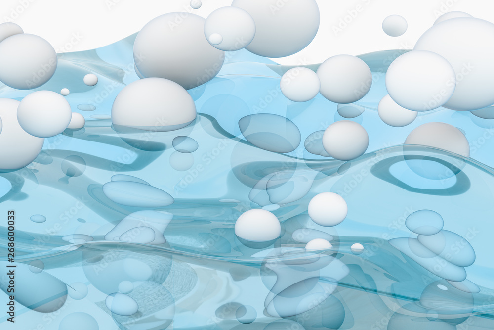 Light blue water wave cube, with creative spheres bubble, 3d rendering.