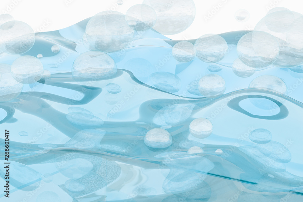 Light blue water wave cube, with creative spheres bubble, 3d rendering.