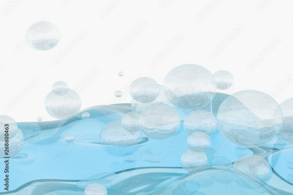 Light blue water wave cube, with creative spheres bubble, 3d rendering.