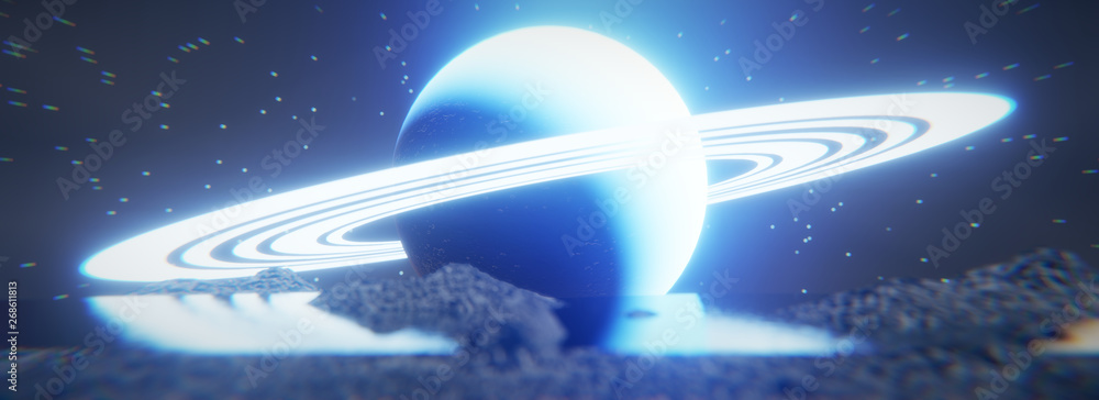 Abstract Sci Fi Shiny Huge Saturn with lake landscape background, 3d rendering.