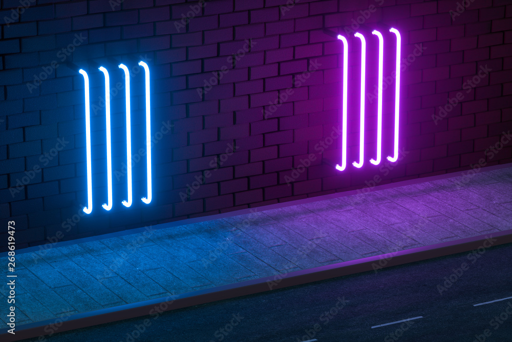 The glowing neon with brick wall background, 3d rendering.