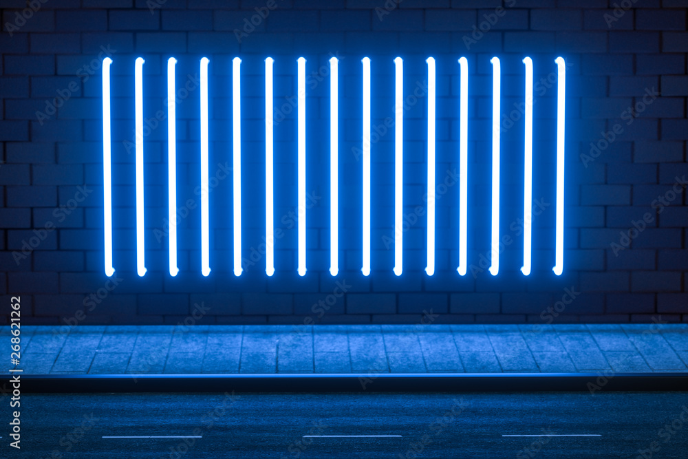 The glowing neon with brick wall background, 3d rendering.