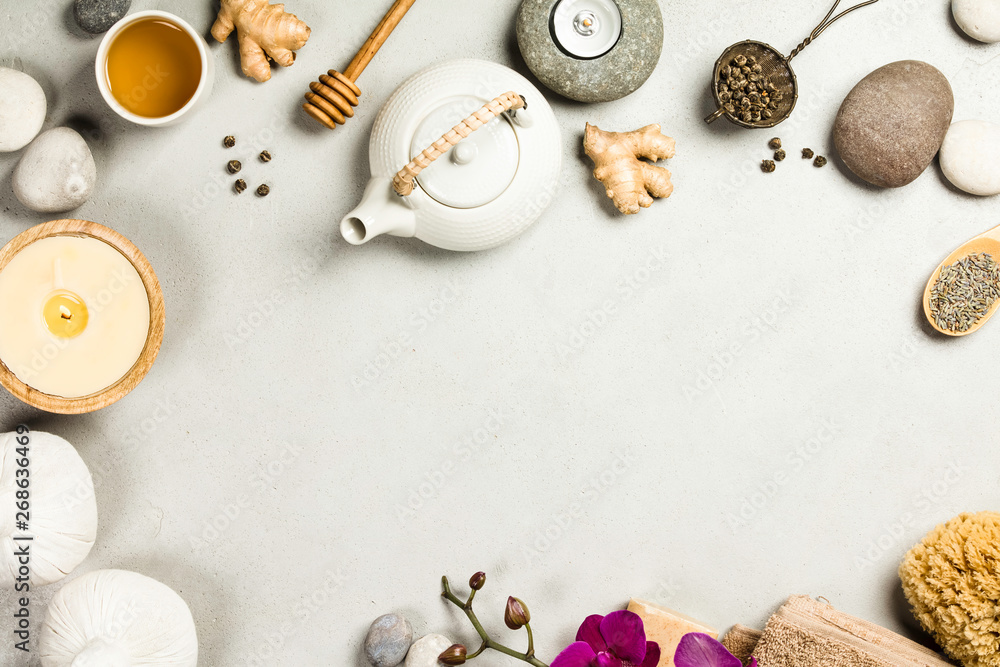 Natural SPA concept on grey concrete background, close up