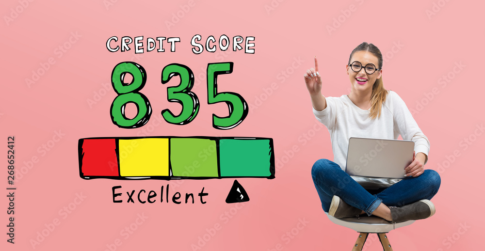 Excellent credit score theme with young woman using her laptop