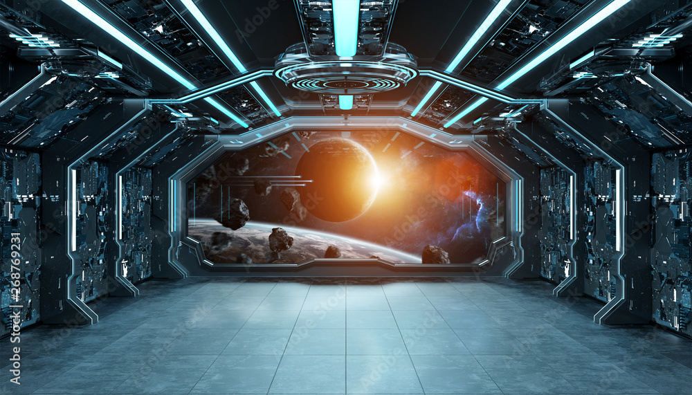 Dark blue spaceship futuristic interior with window view on space and planets 3d rendering