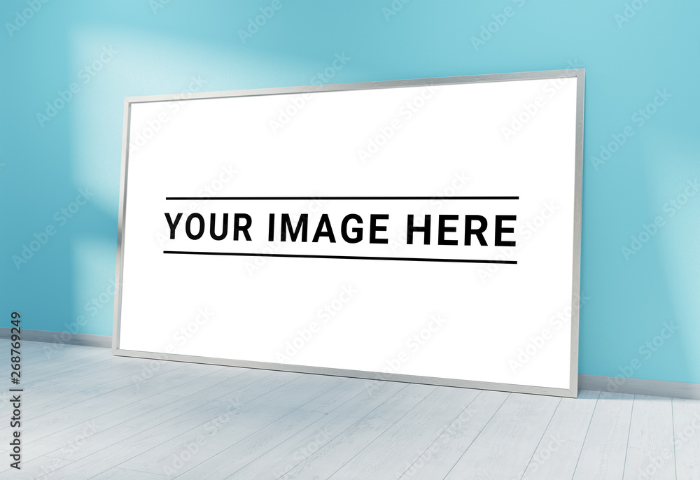 Large horizontal frame leaning on a blue wall 3D rendering