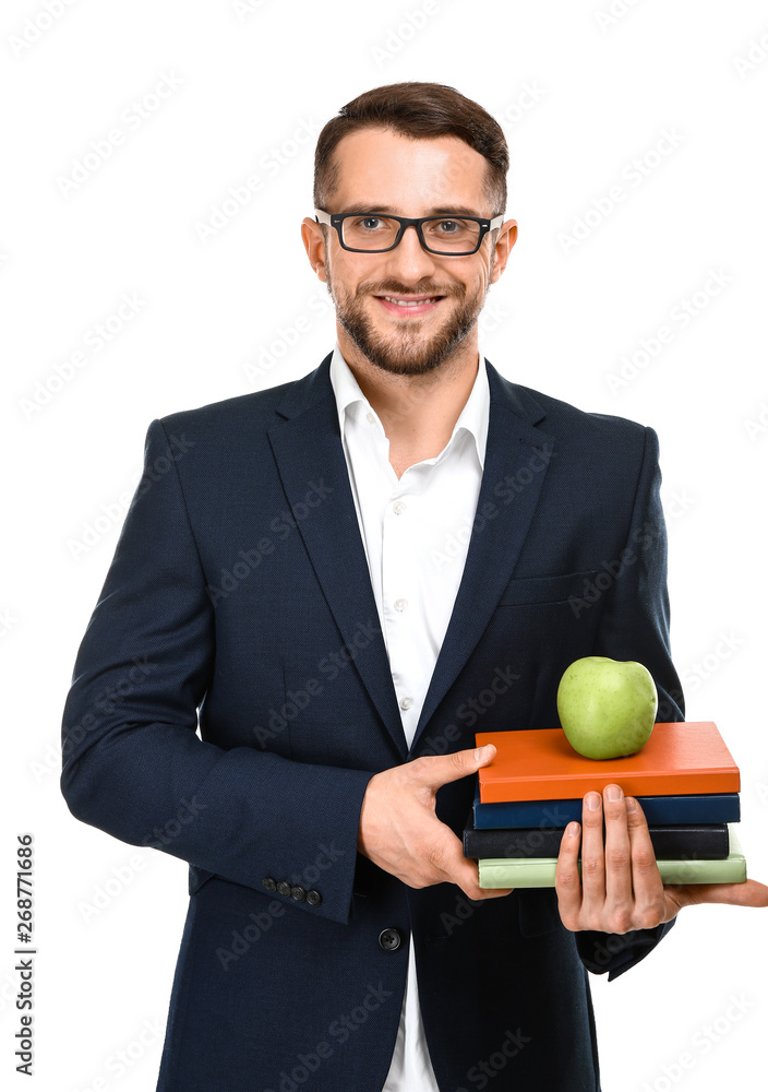 Handsome male teacher on white background