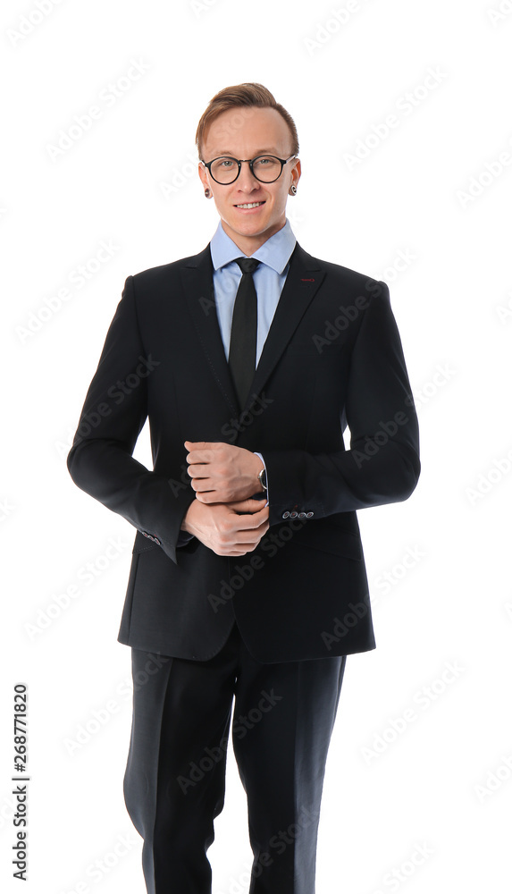 Handsome stylish businessman on white background