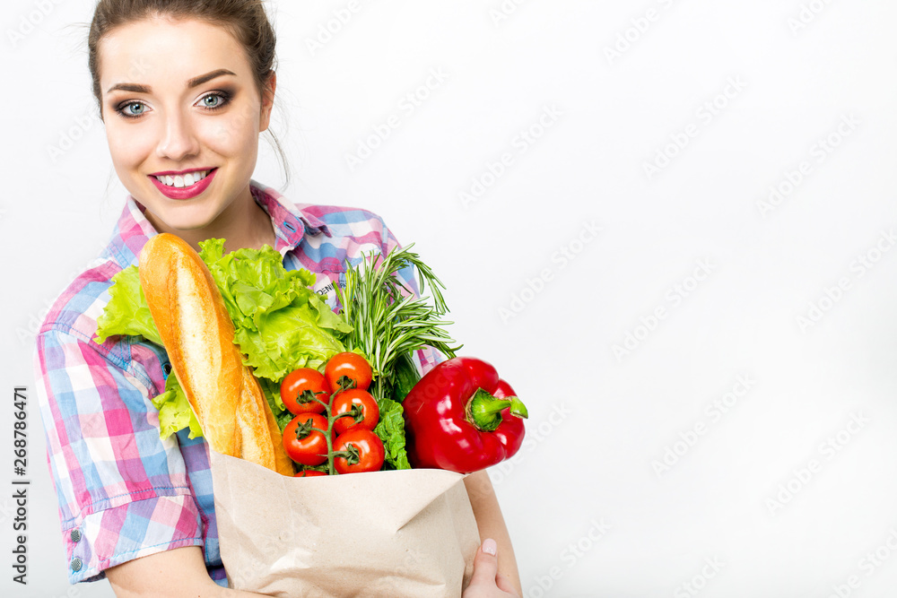 Smiling Happy Woman Enjoying Shopping Supermarket Holding Vegetables in Eco Friendly bag