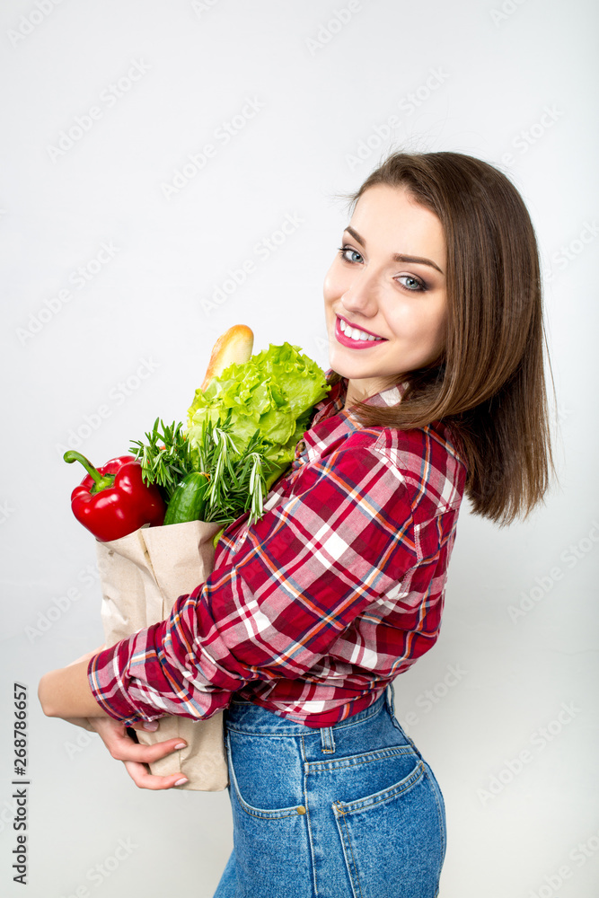 Smiling Happy Woman Enjoying Shopping Supermarket Holding Vegetables in Eco Friendly bag