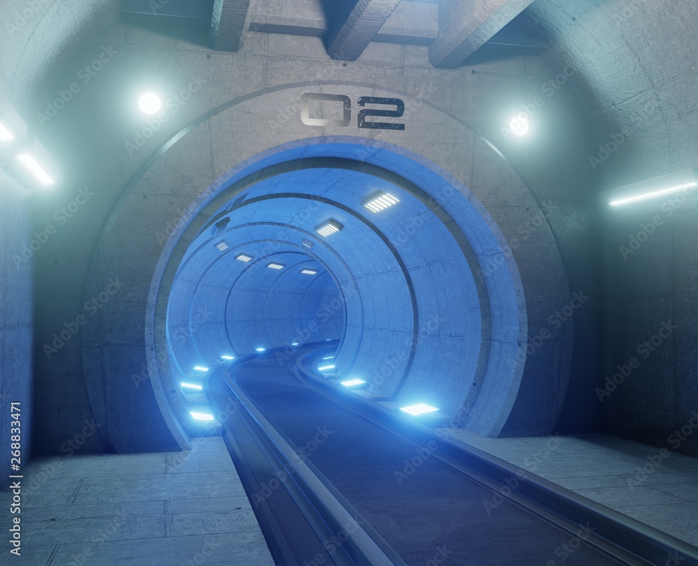 Train tunnel fiction in interior rendering sci-fi,blue tunnel light,3D rendering