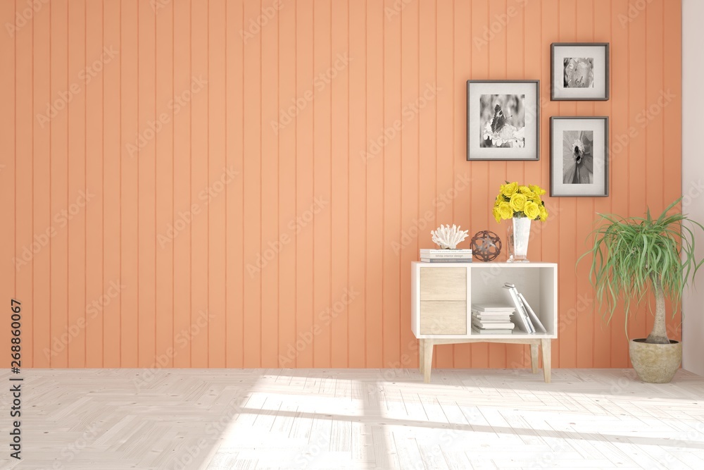 Empty room in coral color. Scandinavian interior design. 3D illustration