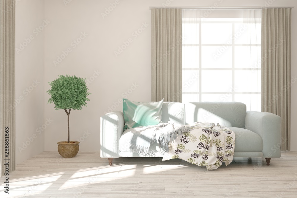 Stylish room in white color with sofa. Scandinavian interior design. 3D illustration