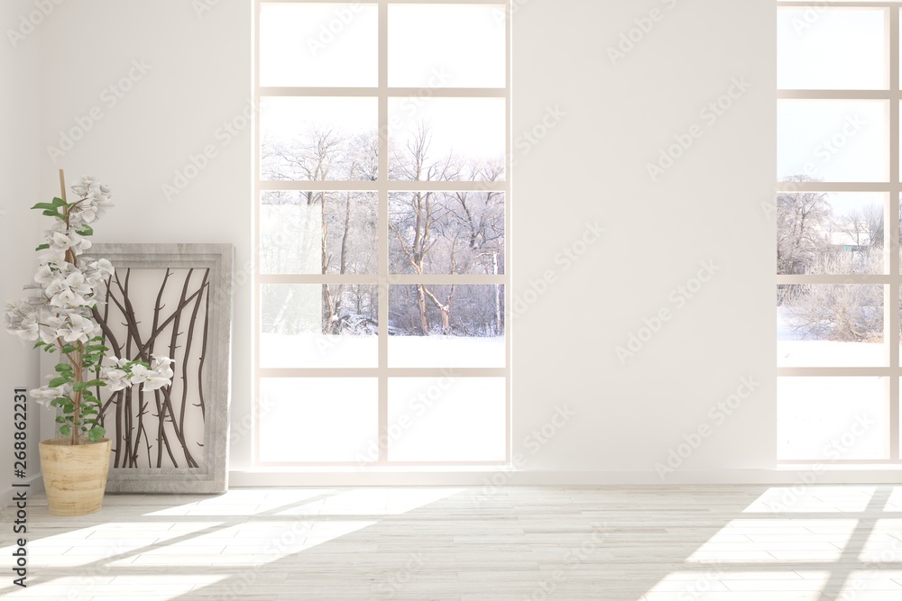 Mock up of empty room in white color with winter landscape in window. Scandinavian interior design. 