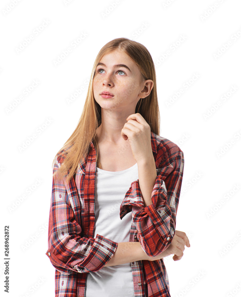 Cute teenage girl on white background