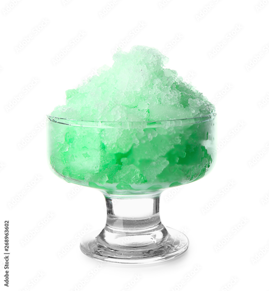 Bowl with tasty shaved ice on white background