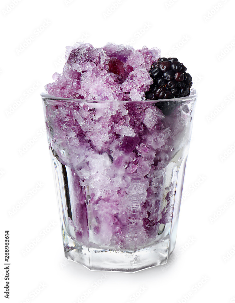 Glass with tasty shaved ice on white background