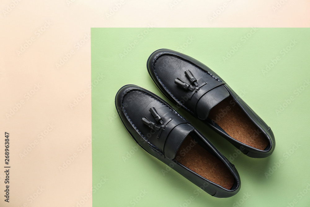 Pair of stylish casual shoes on color background